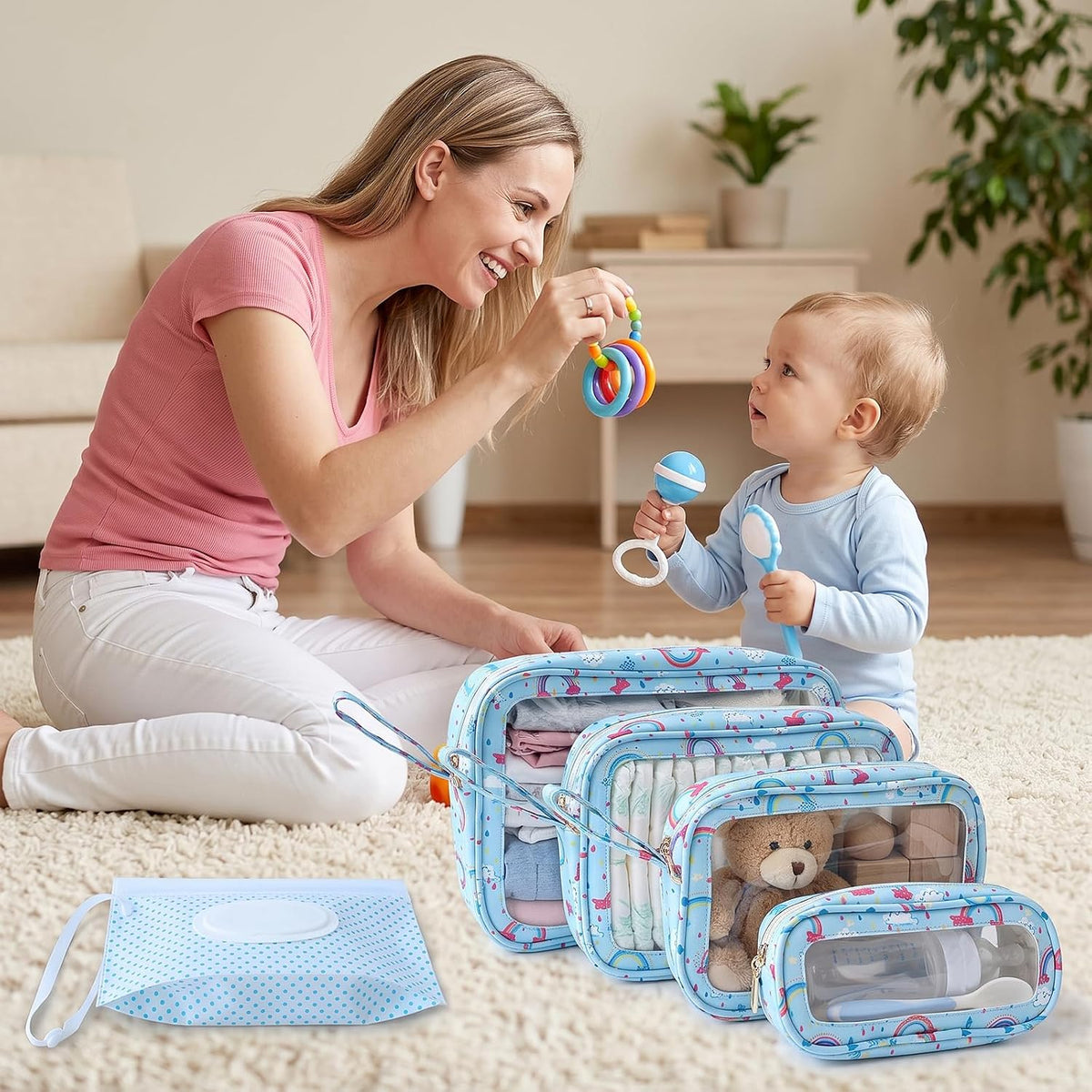 6 PCS Set TPU Diaper Bag Organizer Pouches & Wipe Dispenser, Rainbow