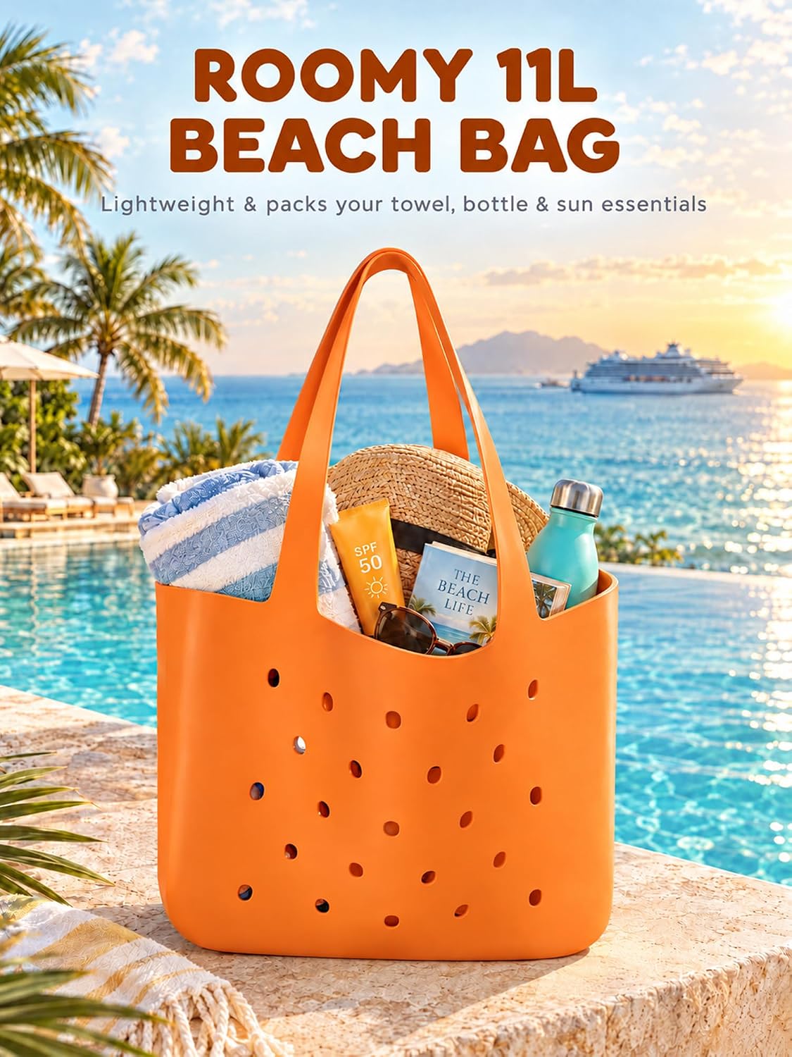 Silicone Beach Bag, Waterproof Large Tote Bag for Women, Charm Compatible Bag