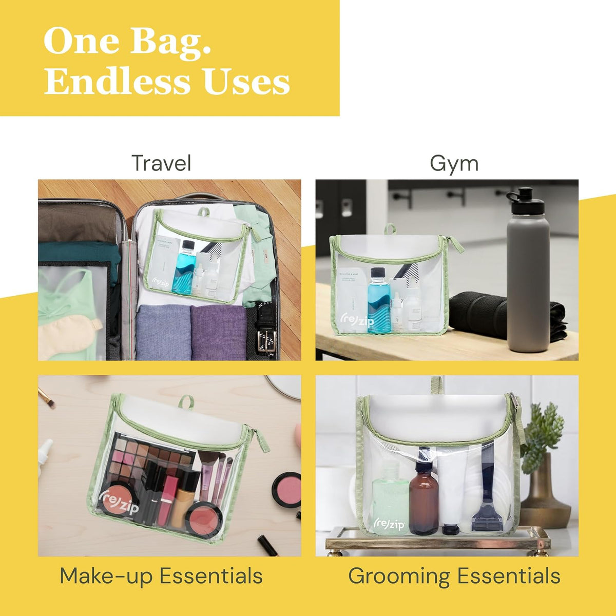 (re)zip Clear Quart Travel Toiletry & Cosmetic Bag, TSA Compliant - Sage