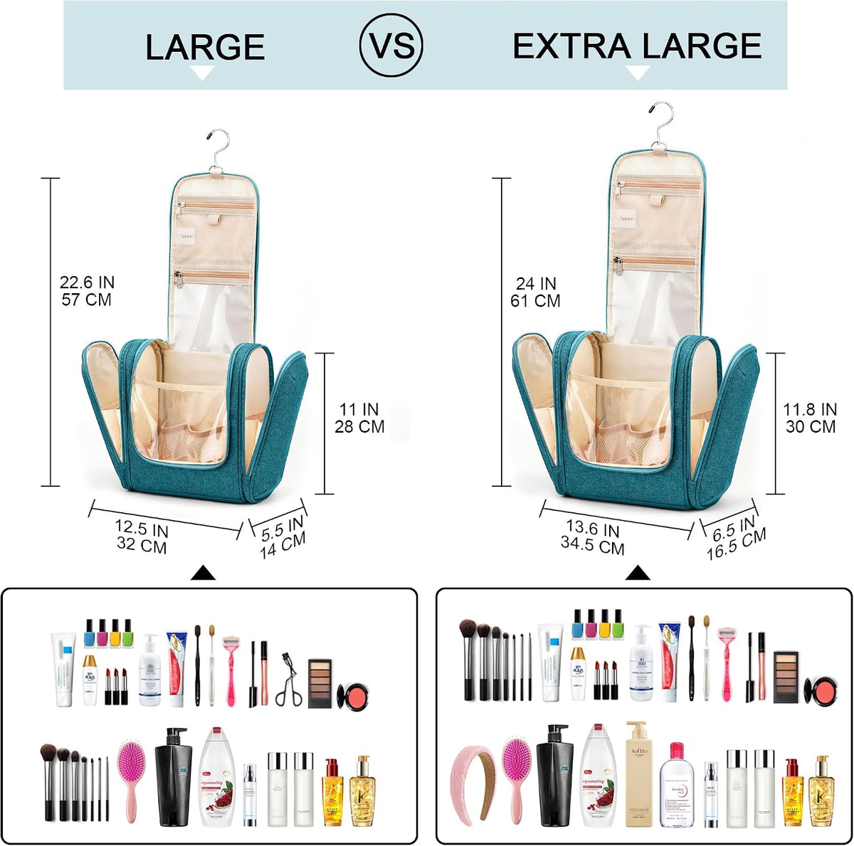 Travel Hanging Toiletry Bag for Women and Men, 6 Organizer Compartments, Holds Full Size Bottles, Extra Large Cosmetic Accessories, Makeup essentials, Bathroom Water-resistant Toiletries Bag, Blue
