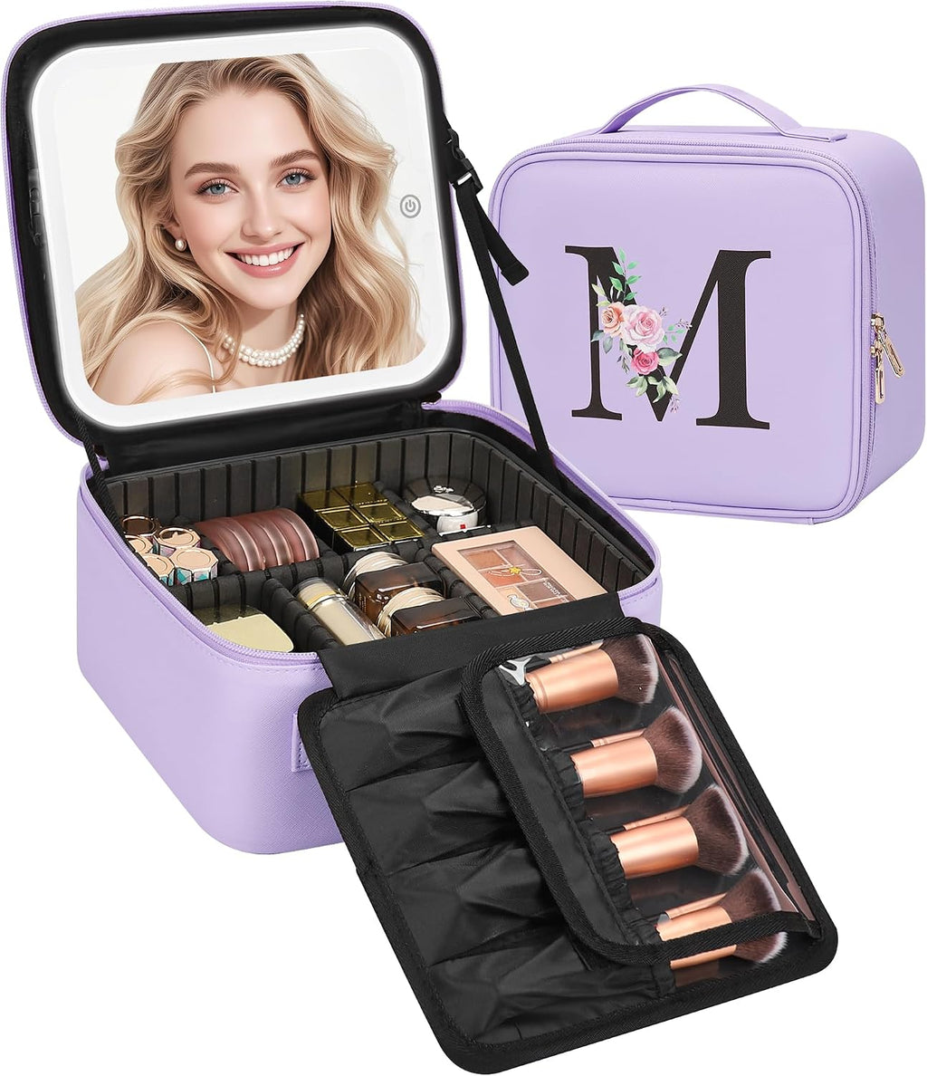 Relavel Initial Makeup Bag, Mothers Day Gifts for Mom, Birthday Gifts for Women, Makeup Case with LED Mirror, Monogram Cosmetic Bag Train Case, Personalized Gifts for Girls Friends Wife, Purple M