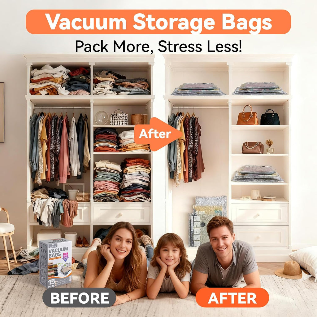 Vacuum Bags for Travel with USB & TYPE C Pump, Vacuum Seal Travel Bags, 15 Pack Carry-On Vacuum Storage Bags for Luggage & Suitcase, Space Saver for Clothes & Travel(Grey)