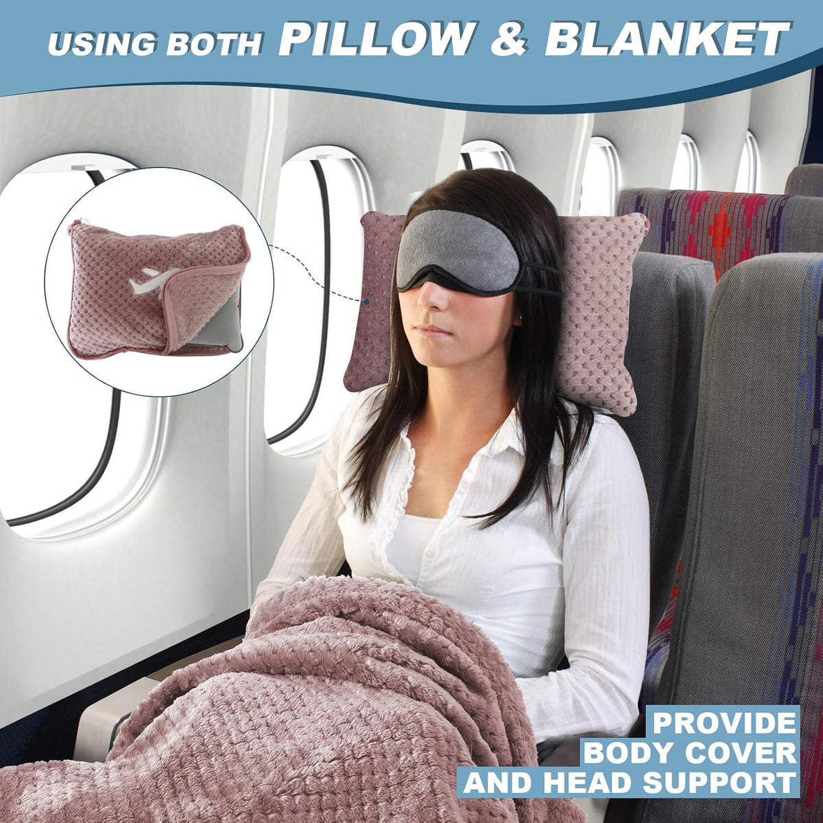 3 in 1 Travel Pillow and Blanket Set - 280 GSM Travel Blanket Airplane Compact with Bag, Inflatable Travel Pillow, Packable Airplane Blanket, Luggage Sleeve & Backpack Clip (Pink)