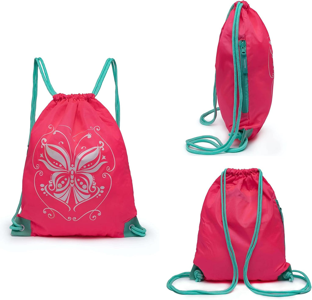 Girls Packable Drawstring Bag - 10L Drawstring Sports Cinch Bag with Zipper Pockets n Adjustable Shoulder Straps for age 6+ (Flamming)