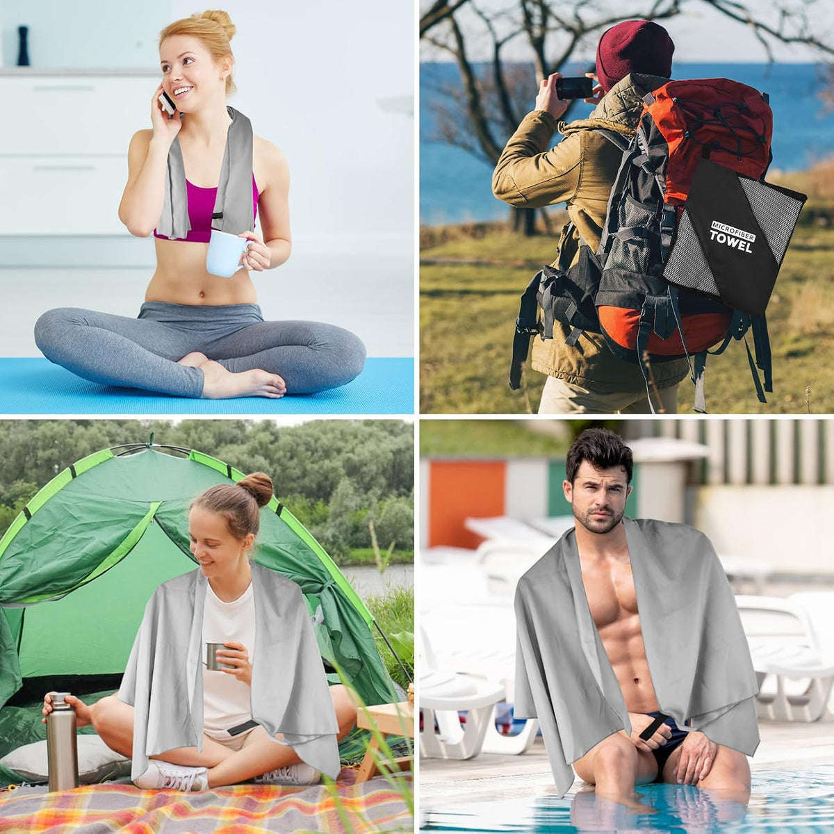 Travel Body Towel L Size Microfiber Quick Dry Lightweight for Men Women Camping Hiking Beach Swimming Pool Yoga Mat Towels(Light Grey, 1 Pack L)