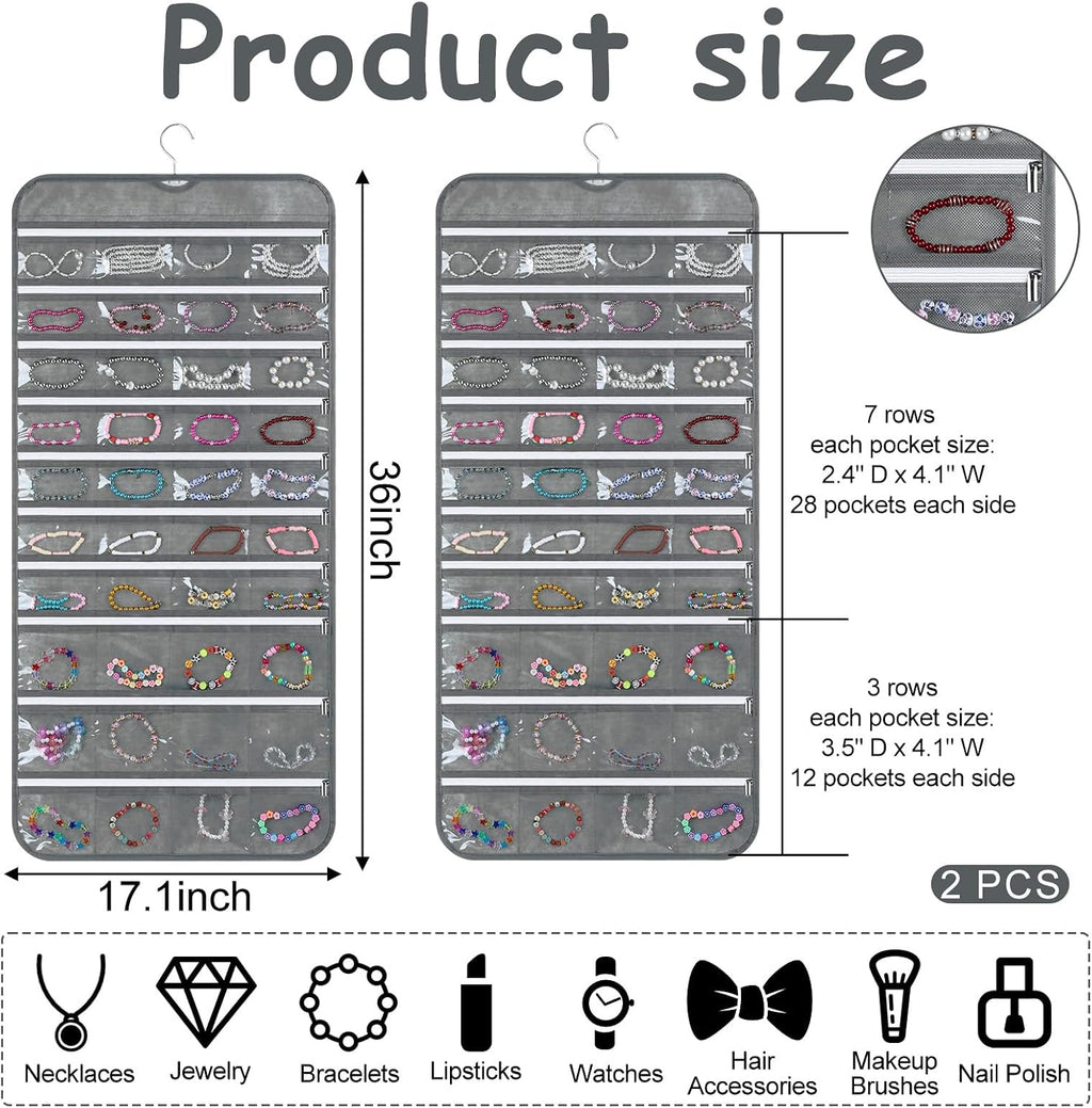 SynHHergyx 2 Pack Zippered Pocket Hanging Jewelry Organizer Dual-Sided Zipper Jewelry Holder Hanging Storage Organizer for Holding Earrings Bracelets Rings, Each with 80 Zippered Pockets