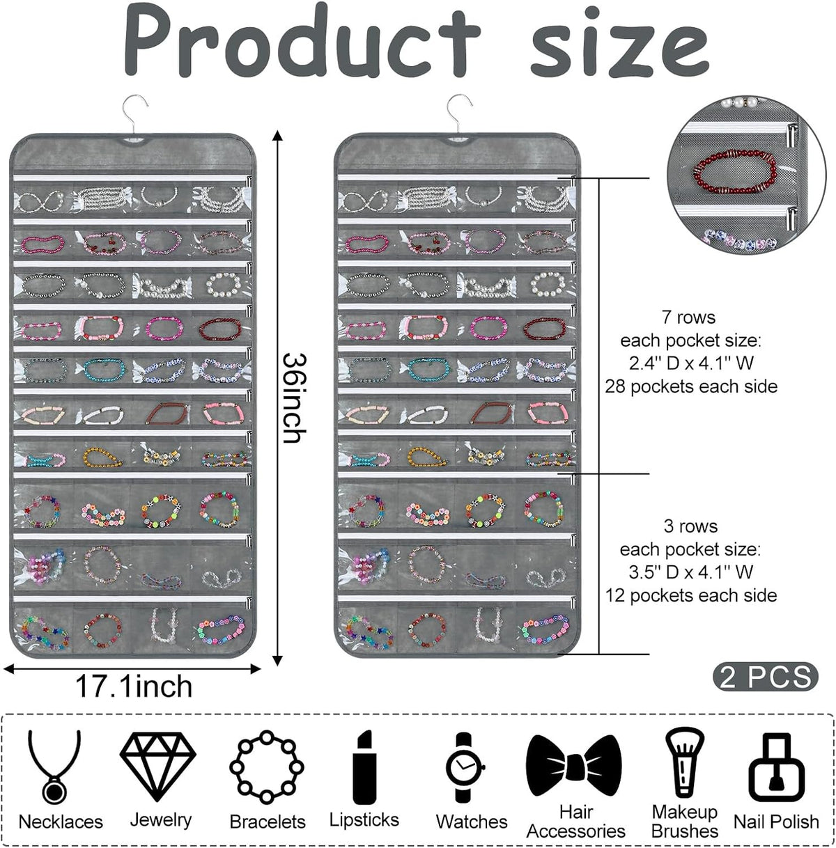 SynHHergyx 2 Pack Zippered Pocket Hanging Jewelry Organizer Dual-Sided Zipper Jewelry Holder Hanging Storage Organizer for Holding Earrings Bracelets Rings, Each with 80 Zippered Pockets