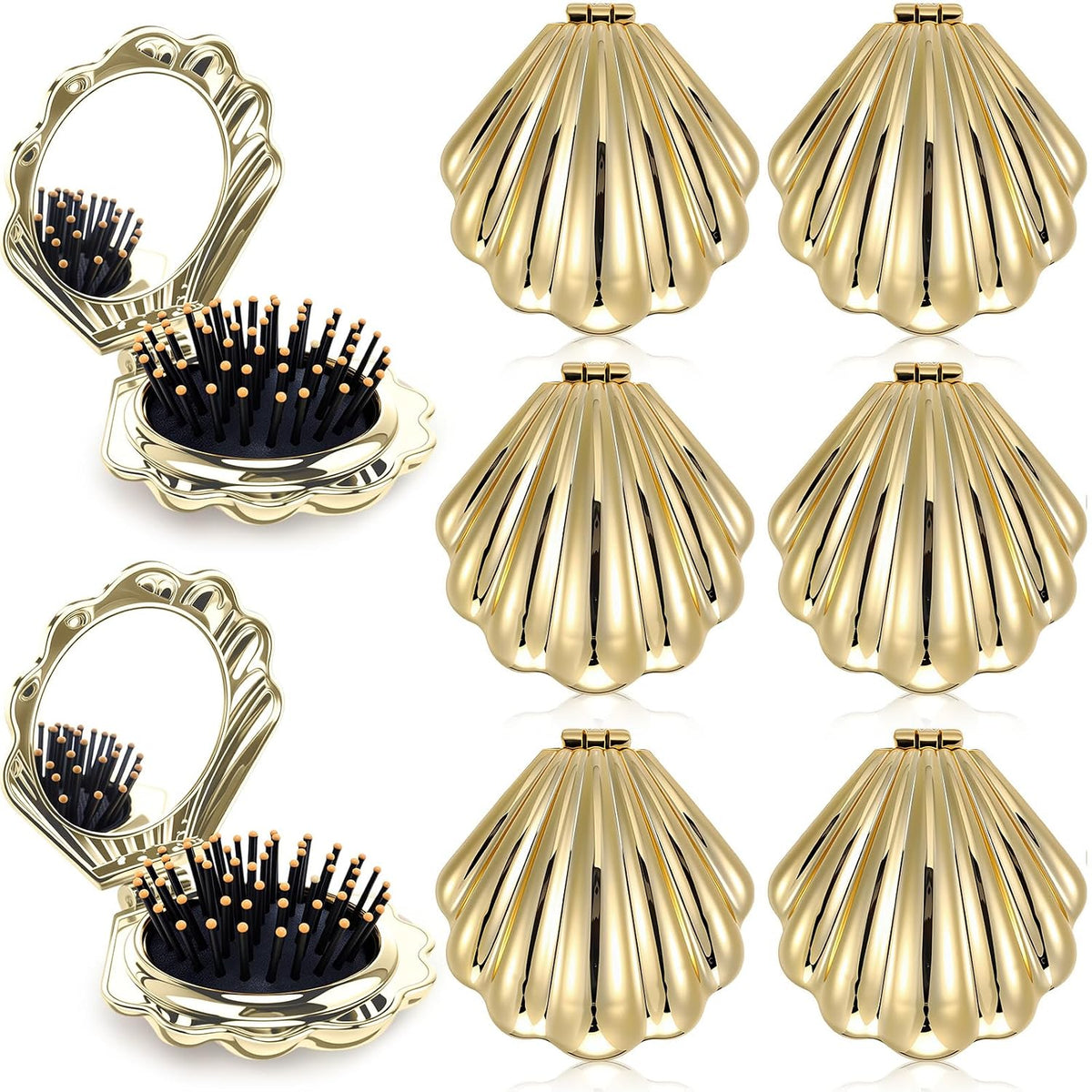 AceOrbit 6 Pcs Mermaid Party Favors Foldable Shell Hair Brush with Mirror Mini Travel Pocket Compact Hair Brush Makeup Comb for Women Girls Birthday Party Gifts(Gold)