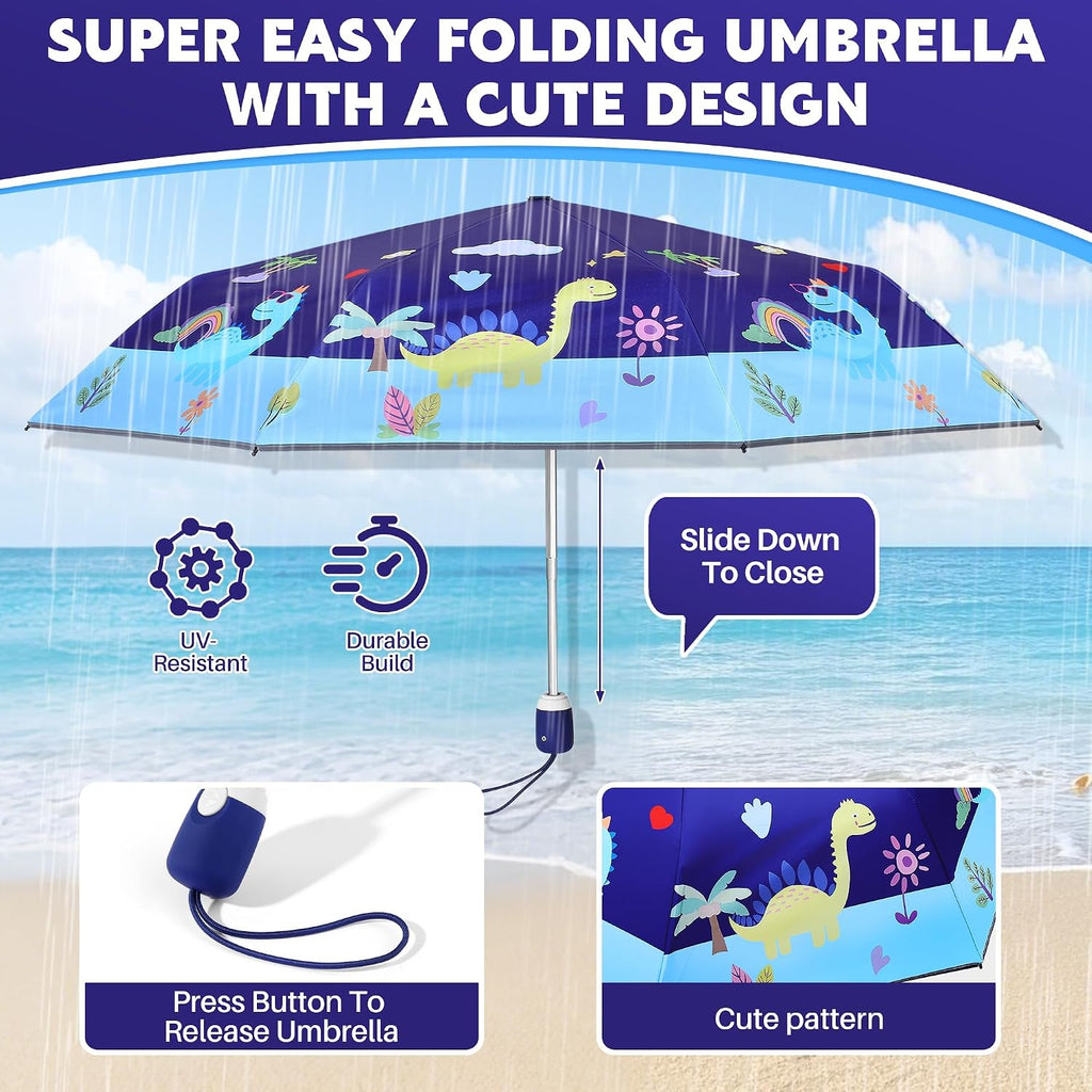 Kids Umbrella for Girls & Boys, Foldable Telescopic Cute Umbrella for Toddler with Auto Open/Close , Anti-UV Safe Design Children Travel Umbrellas 360° Reflective Strip, Compact & Lightweight & Durable Brolly