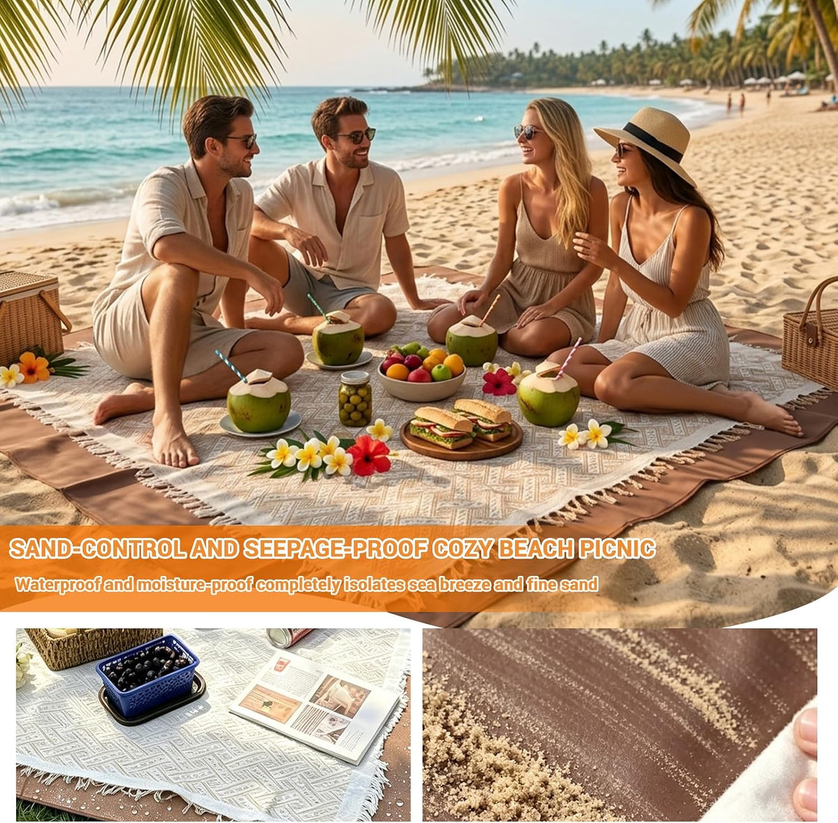 2-in-1 Boho Picnic Blanket, Beige Brown 71×71 Outdoor Waterproof Beach Mat