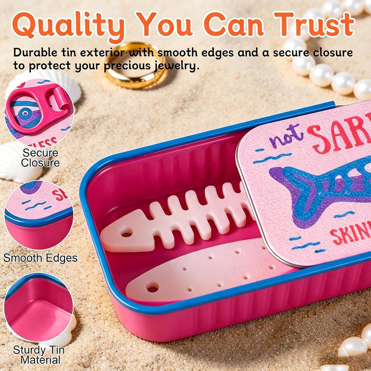 Sardines Jewelry Box Organizer with Fish-Shaped Holders for Rings, 3D Printed Fishbone Holder for Earrings, Necklaces and Rings Portable Earring Box (Pink + Rose Red)