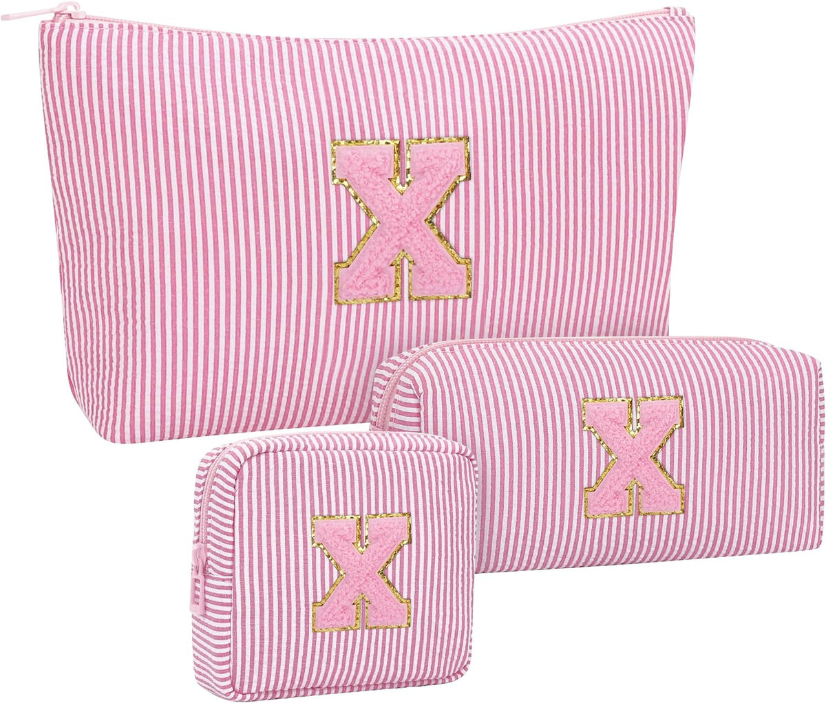 MONSTINA Personalized Initial Makeup Bag 3-piece Set for Women Teen Girls