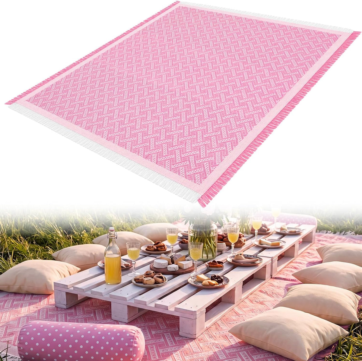 1 Pack White Pink Extra Large Picnic Blanket, 71 x 91 Inches
