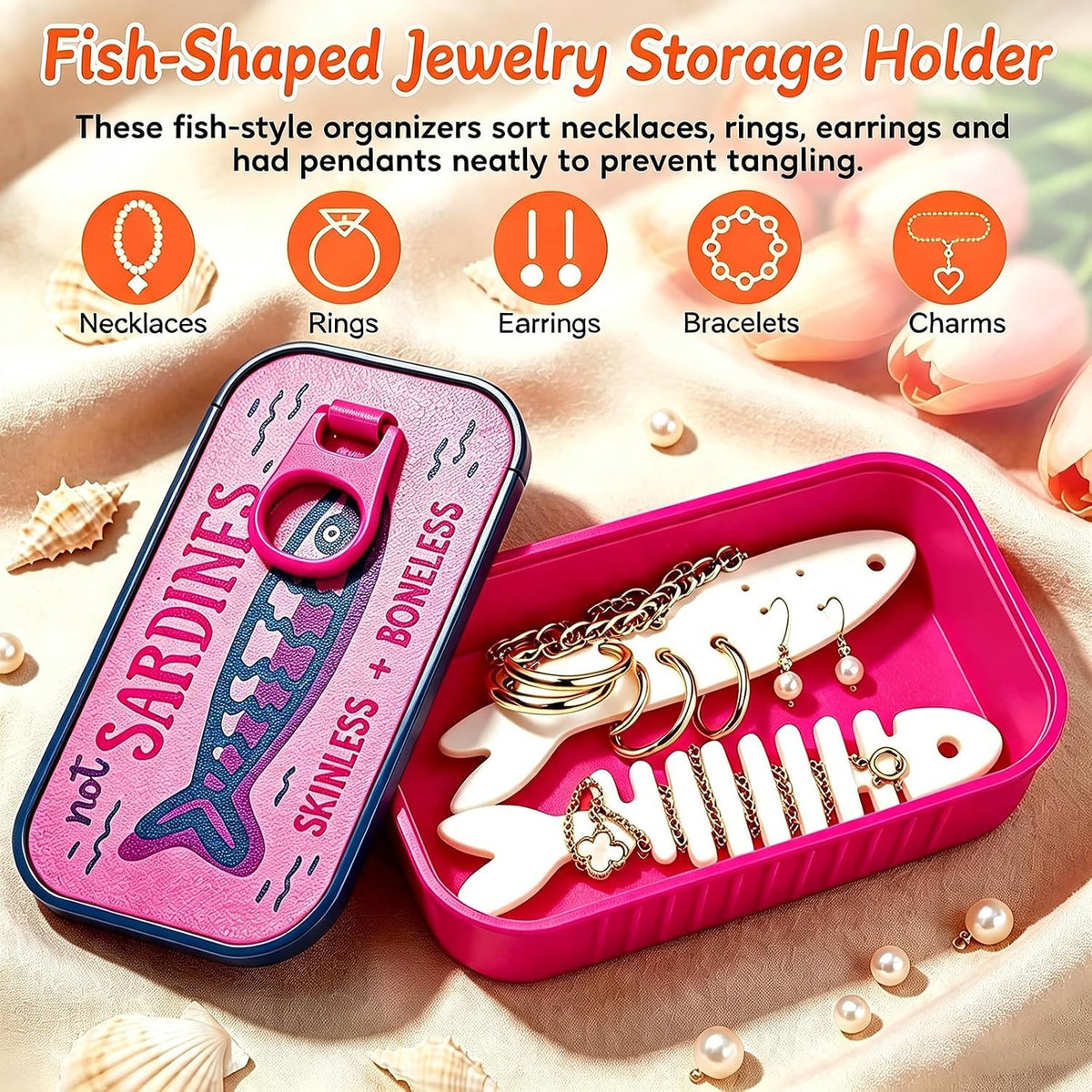 Sardines Jewelry Box Organizer with Fish-Shaped Holders for Rings, 3D Printed Fishbone Holder for Earrings, Necklaces and Rings Portable Earring Box (Pink + Rose Red)