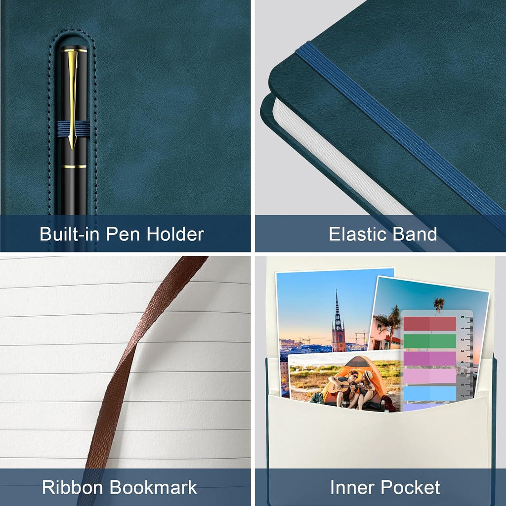 A5 Leather Notebook with Pen and Pen Holder, 224 Pages 100 GSM Thick Lined Paper Hardcover Journal for Men Women, College Ruled Daily Diary for Work Business School Travel - Navy Blue