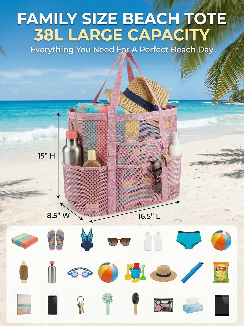 Mesh Beach Bag with 9 Pockets for Family Pool Days and Travel
