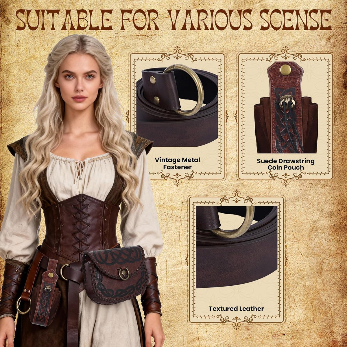 Renaissance Viking Pirate Belt Pouch 4pcs Brown