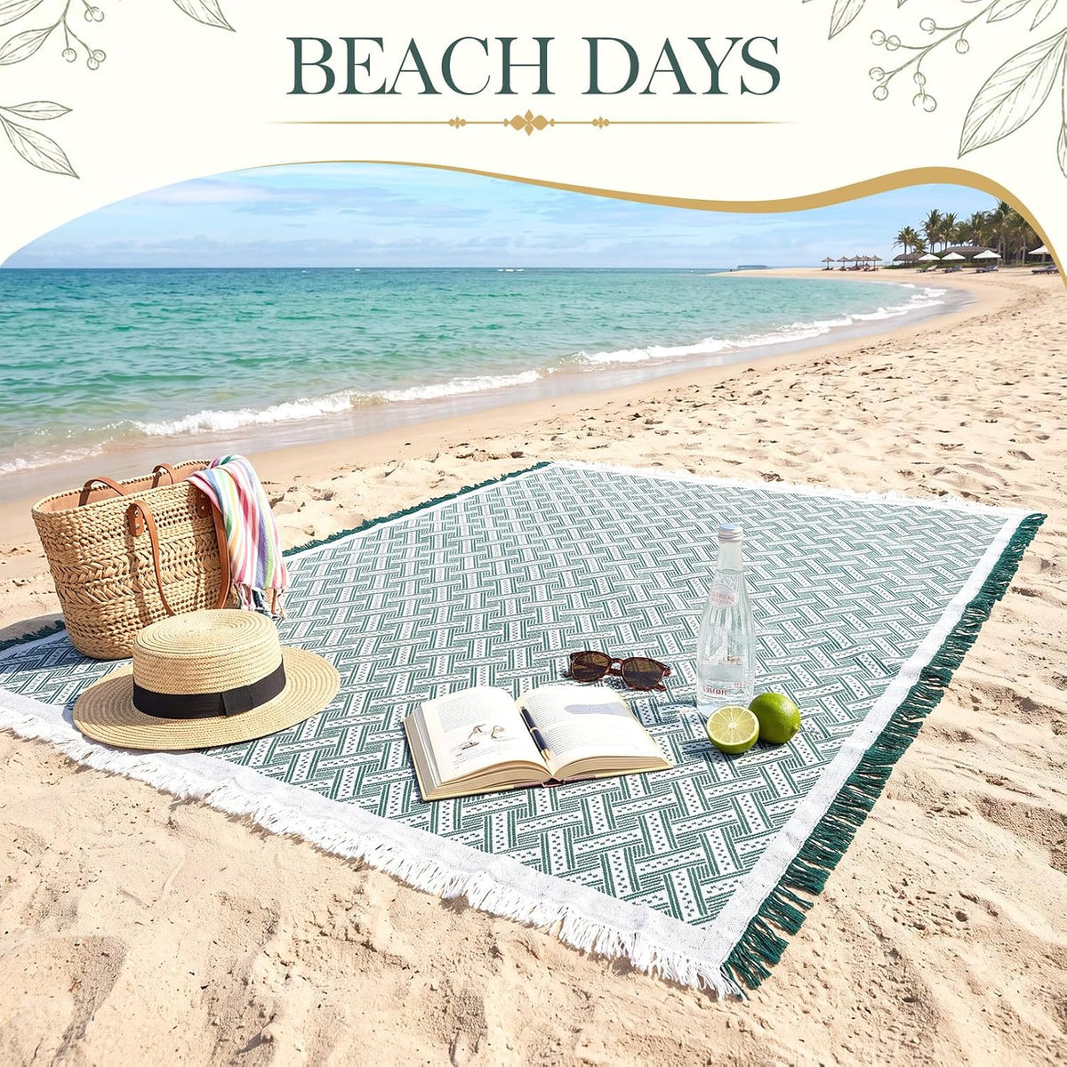 1 Pack White Green Extra Large Picnic Blanket, 71 x 91 Inches