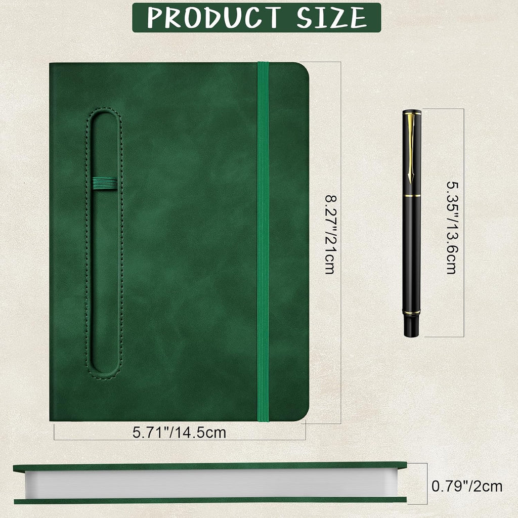 A5 Leather Notebook with Pen and Pen Holder, 224 Pages 100 GSM Thick Lined Paper Hardcover Journal for Men Women, College Ruled Daily Diary for Work Business School Travel - Dark Green