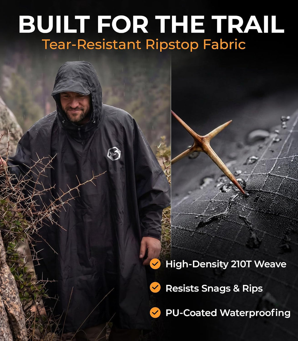 Foxelli Extra Long Rain Poncho for Tall Adults, Reusable Waterproof Hooded