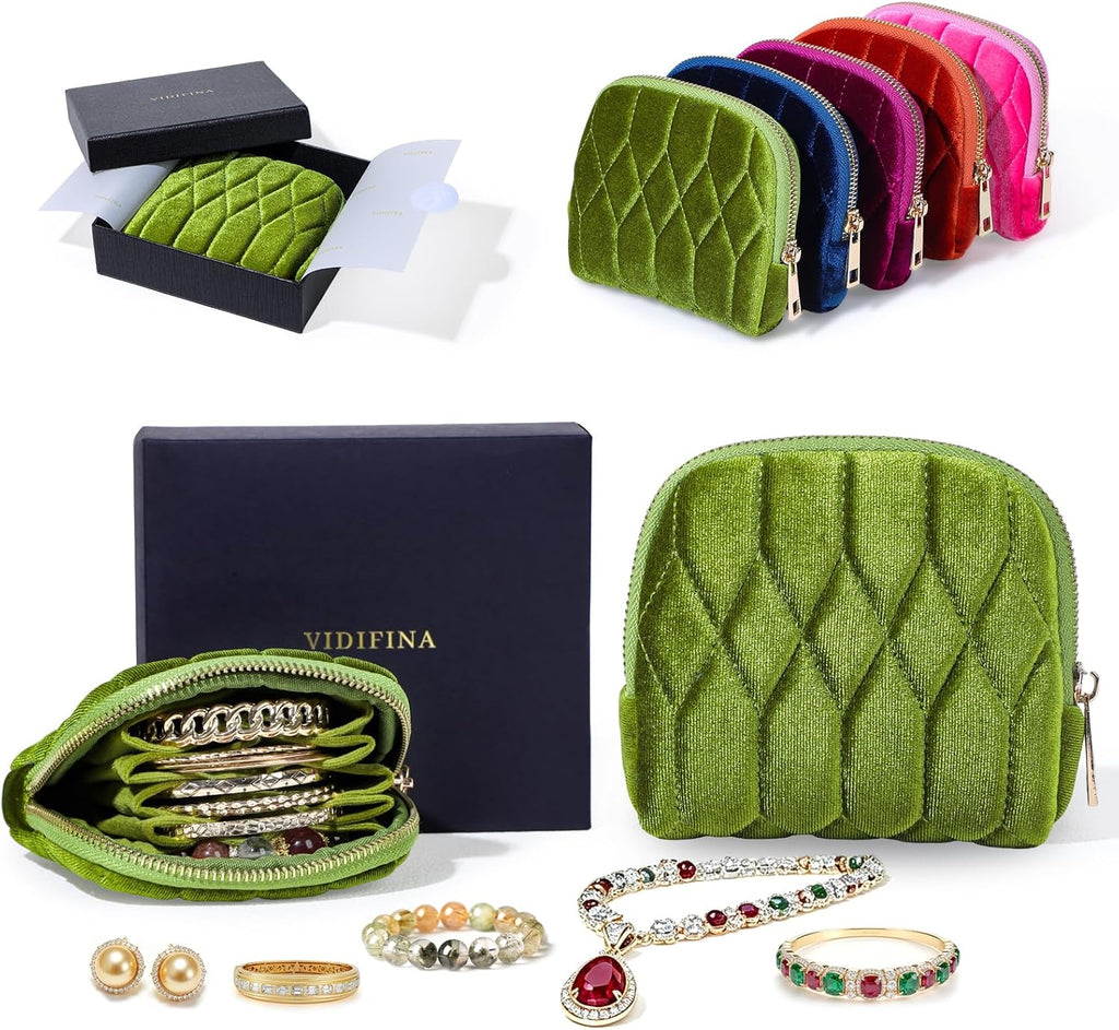 Small Travel Jewelry Case, Velvet Pouch with Zipper, Moss Green