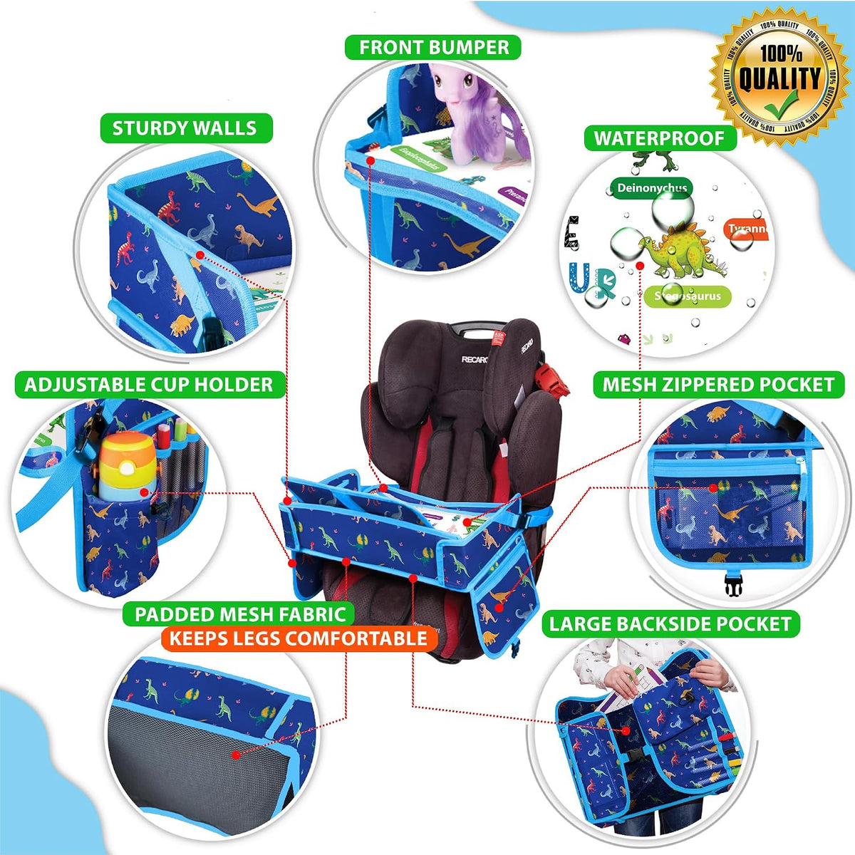 ECOFANTASY Kids Travel Tray - Waterproof Car Table with No-Drop Large Tablet Holder - Car Seat Tray - Road Trip Must Haves - Lap Desk Kids Organizer for Airplane - Toddler Travel Activities (Blue)