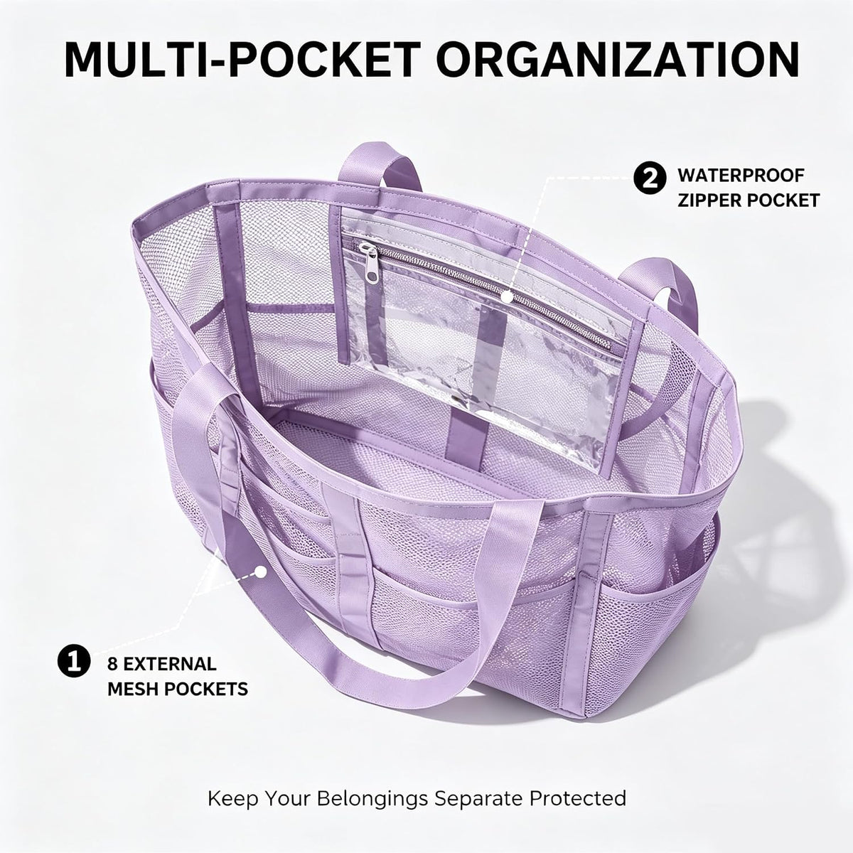 SUPACOOL Large Mesh Beach Bag for Men and Women, Beach Tote Bag for Family,Pool bag, with a Waterproof Zipper Pocket