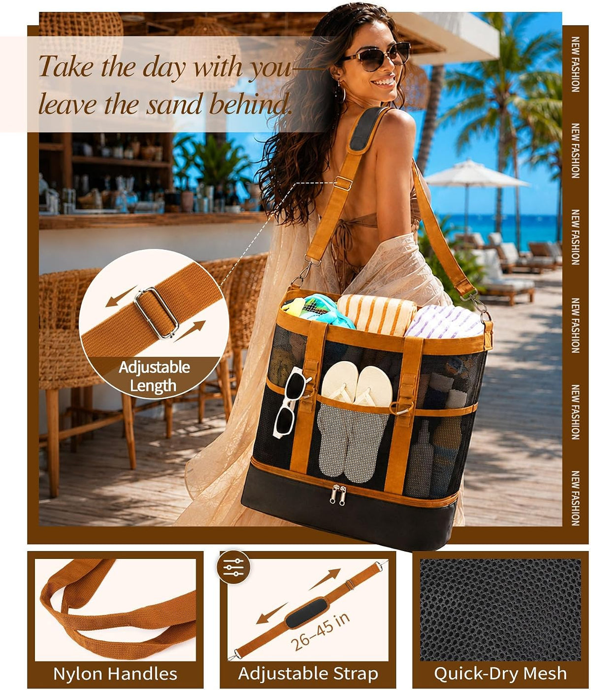 2-in-1 Mesh Beach Bag with Cooler for Women, Extra Large Beach Tote with Zipper, 11 Pockets, Adjustable Shoulder Strap