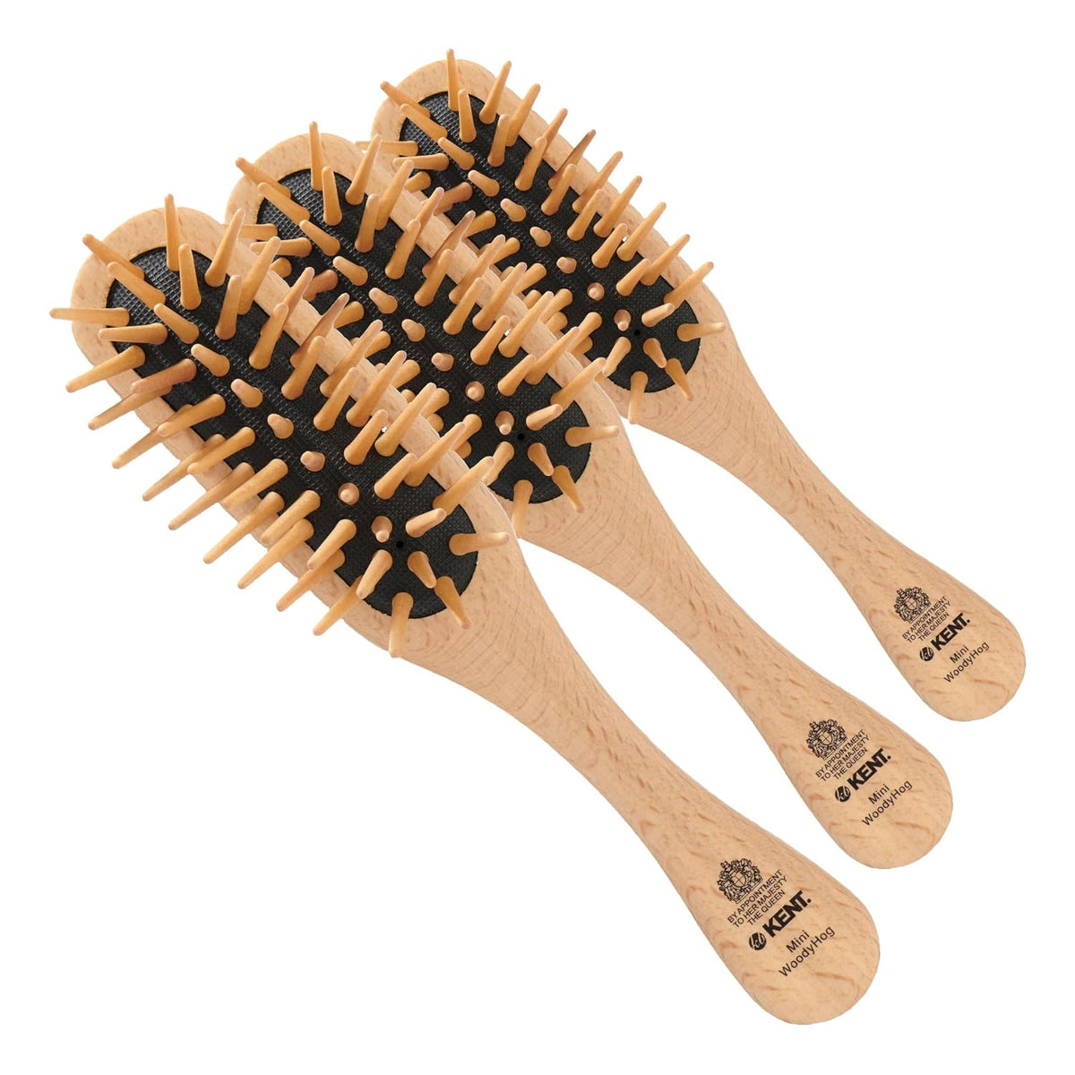 Kent KB MiniWoodyhog Travel Size Detangling Brush Beech-wood, Firm Rounded Wooden Bristles,Natural Cushion Detangler Wooden Hair Brush for Women Men and Kids Everyday Care,Made in England (Pack of 3)