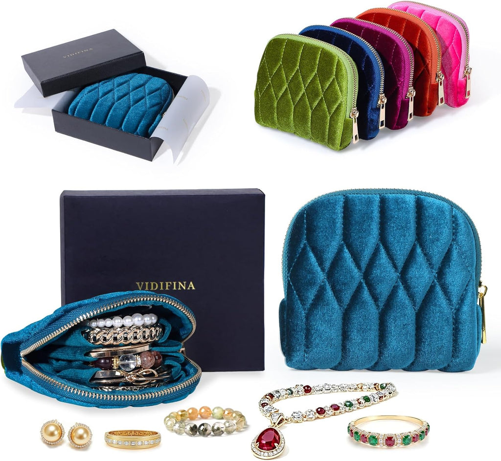 Small Travel Jewelry Case, Velvet Pouch with Zipper, Teal Blue