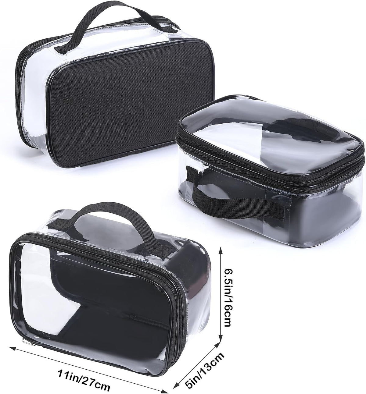 BORMELUN Large Clear travel bags for toiletries pouches carry on reusable,purse see-through plastic pvc TSA airport approved with handle (Black)