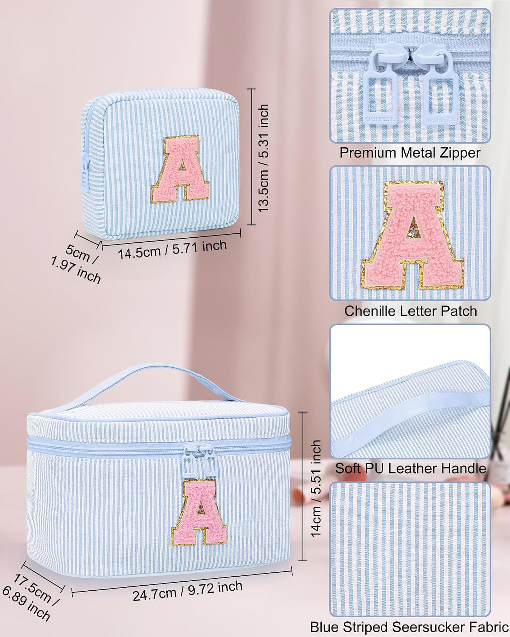 MONSTINA Personalized Initial Makeup Bag for Women Teen Girls, Blue A