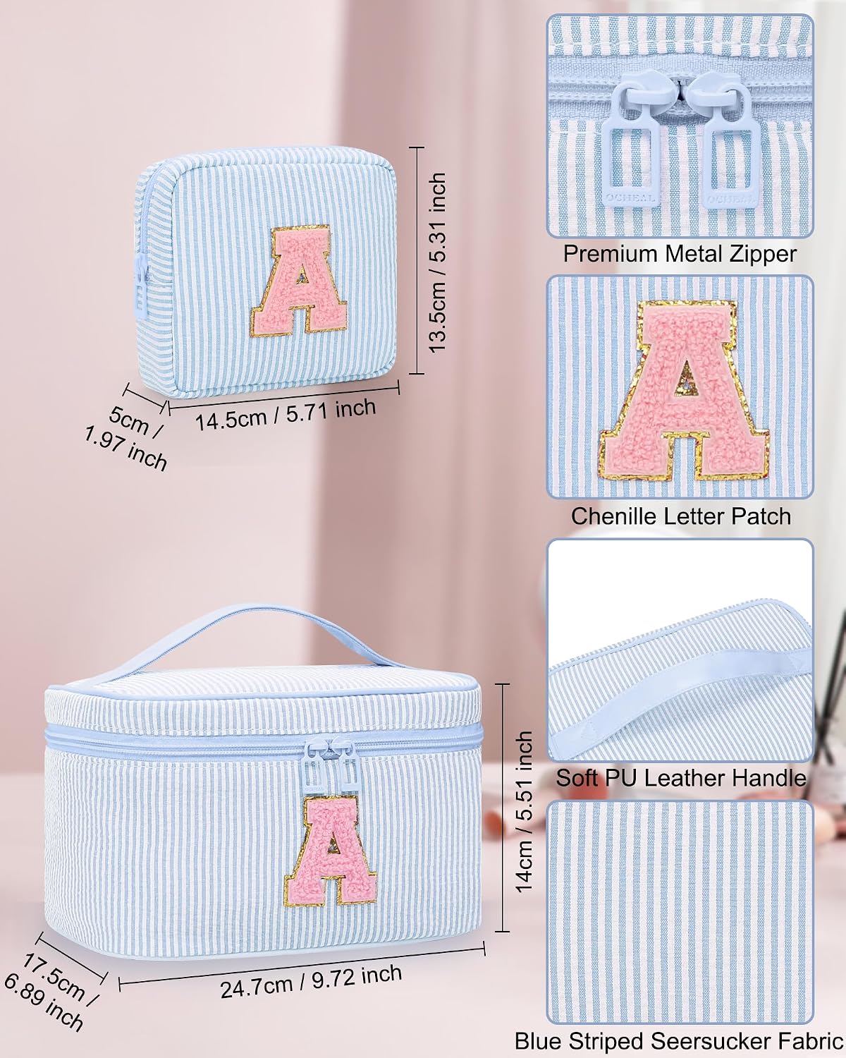 MONSTINA Personalized Initial Makeup Bag for Women Teen Girls, Blue A