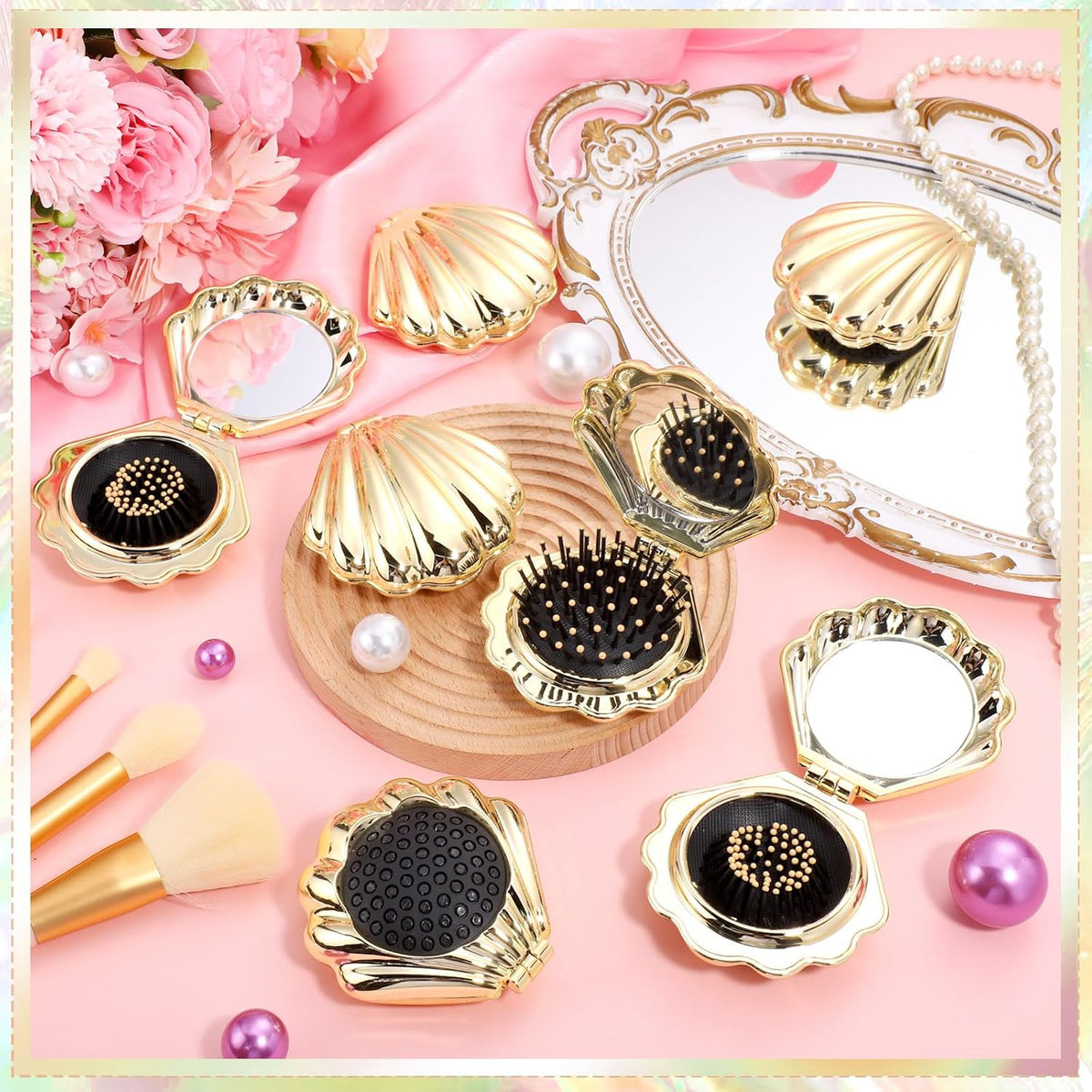 AceOrbit 6 Pcs Mermaid Party Favors Foldable Shell Hair Brush with Mirror Mini Travel Pocket Compact Hair Brush Makeup Comb for Women Girls Birthday Party Gifts(Gold)