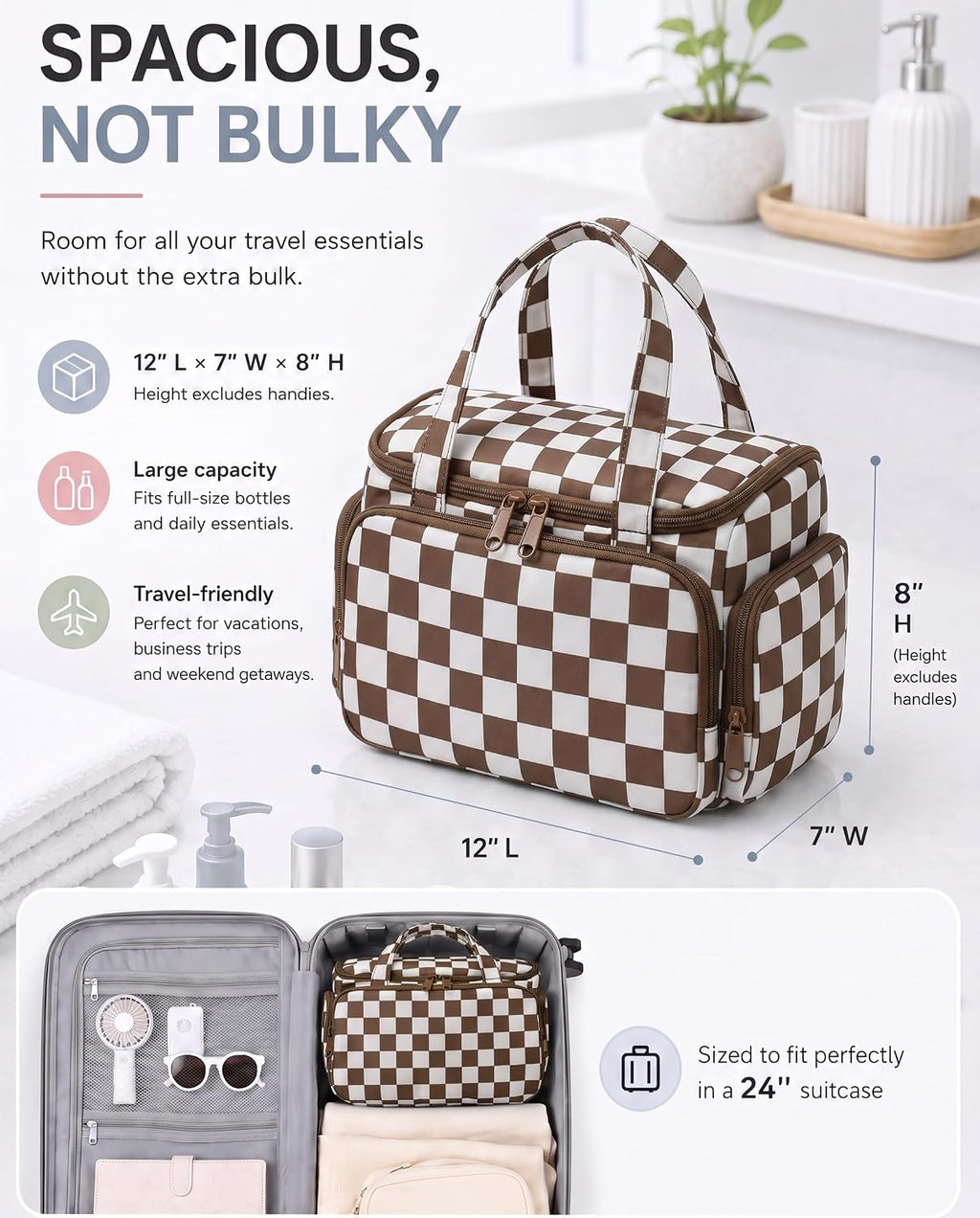Valentoria Hanging Travel Toiletry Bag,Checkered Large Makeup Organizer Bag for Women(Checkered Coffee)