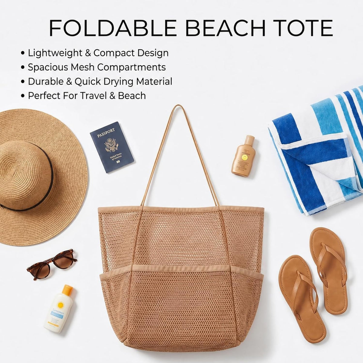 Tan Foldable Mesh Beach Tote for Women, 5‑Pocket Sand‑Proof Travel Bag