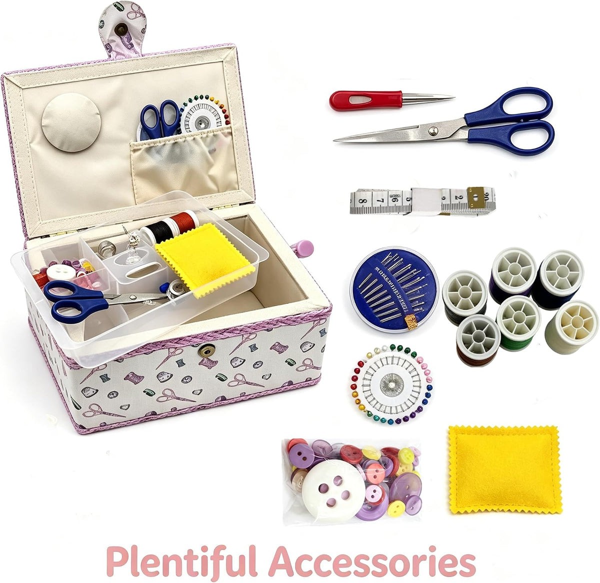 Sewing Box with Accessories Set, Fabric Floral Craft Storage Organizer Basket for Women & Girls, Portable Sewing Kit for Beginner, Travel, Mending, Embroidery Supplies