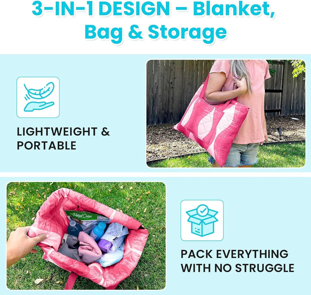 #WEJOY 3 in 1 Beach Blanket Waterproof Sandproof, Padded 3 Layers Outdoor Picnic Blanket Bag, 80x60'', 4 Person, Easy to Fold, Waterproof for Lawn,Camping, Park (Pink)