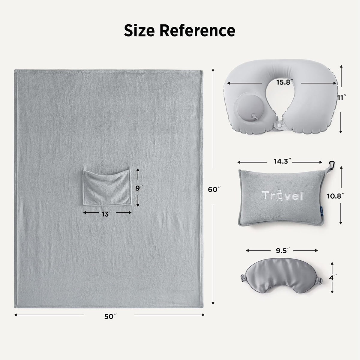 Bedsure Travel Blanket and Pillow Set with Inflatable Neck Pillows, Eye Mask and Storage Bag, Lightweight 3-in-1 Airplane Packable Blanket, Compact Travel Essentials, Grey
