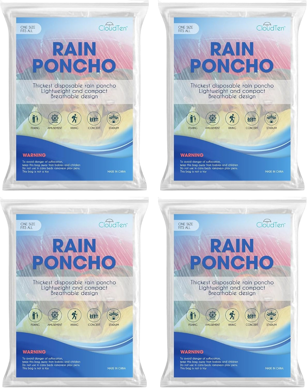 CloudTen Clear Rain Ponchos for Adults (4 Pack) | Thick and Compact Clear Disposable Rain Ponchos Family Pack - Camping Essentials and Good for Disney World Essentials