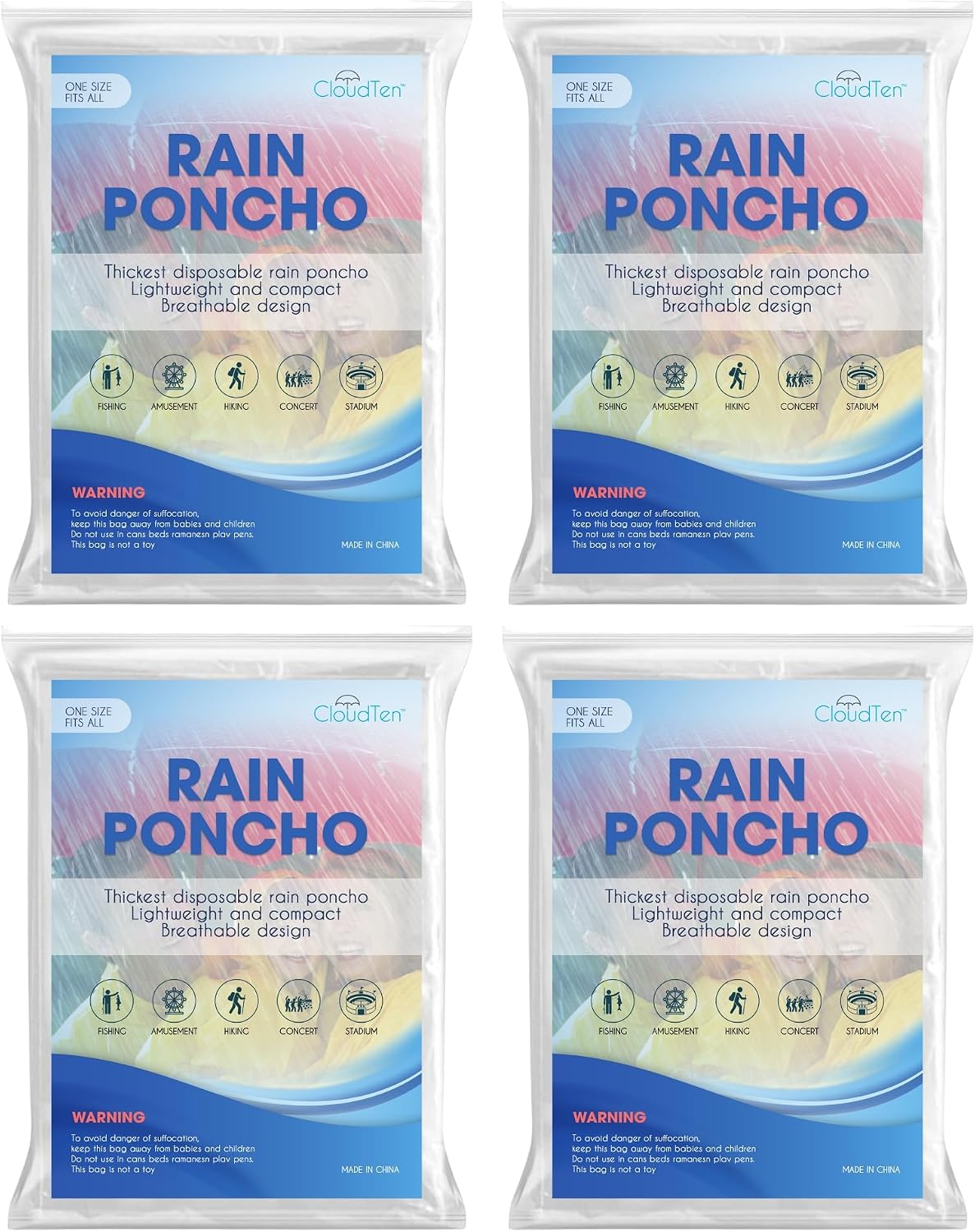 CloudTen Clear Rain Ponchos for Adults (4 Pack) | Thick and Compact Clear Disposable Rain Ponchos Family Pack - Camping Essentials and Good for Disney World Essentials