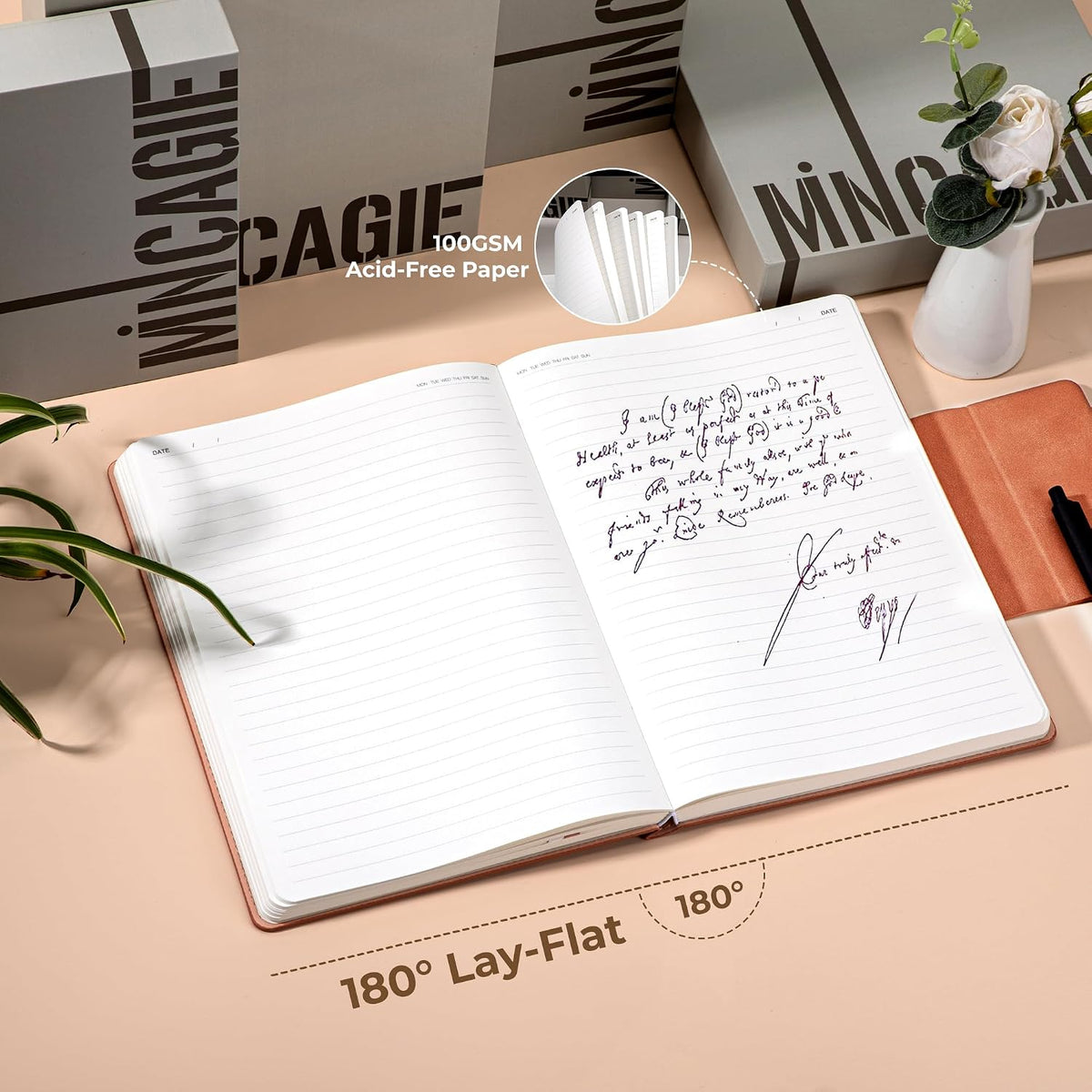 MINICAGIE Lined Leather Journals for Writing A5 Journaling Notebooks with 100 GSM Thick Paper Journal Notebook for Men & Women with Buckle Closure, Work Travel Note Taking Diary, 5.7" x 8.3", Pink