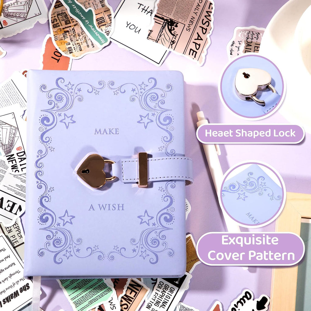 CAGIE Diary with Lock for Girls with Pen Heart Shaped Lock Diary with 2 Keys Golden Edge Lock Journal for Girls Women 290 Pages Journal with Lock for Writing, Travel, 5.3 x 7.1 inches, Vintage Purple