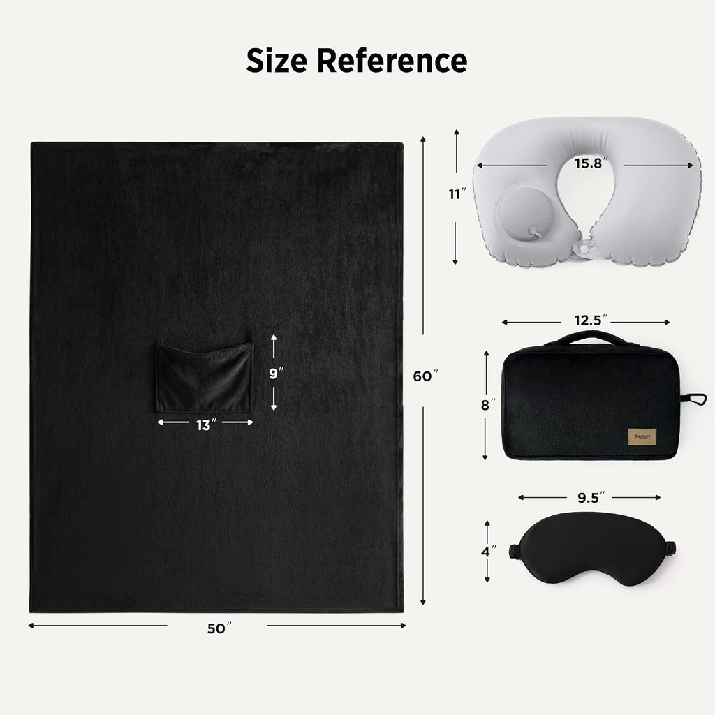 Bedsure Travel Blanket Set with Inflatable Neck Pillow and Eye Mask, Black