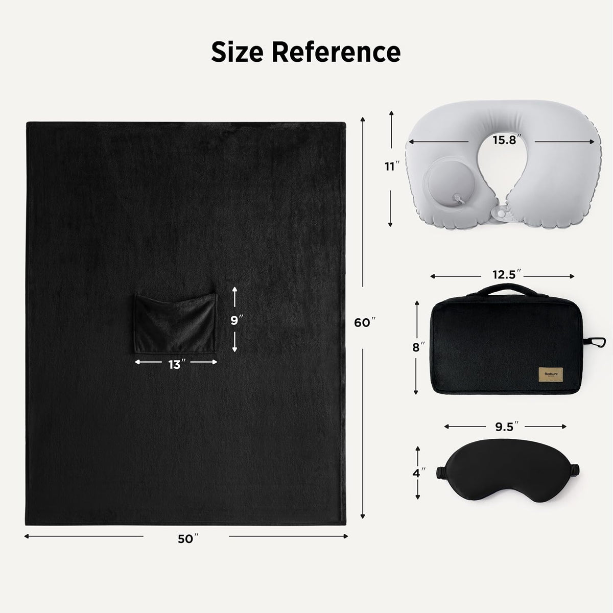 Bedsure Travel Blanket Set with Inflatable Neck Pillow and Eye Mask, Black