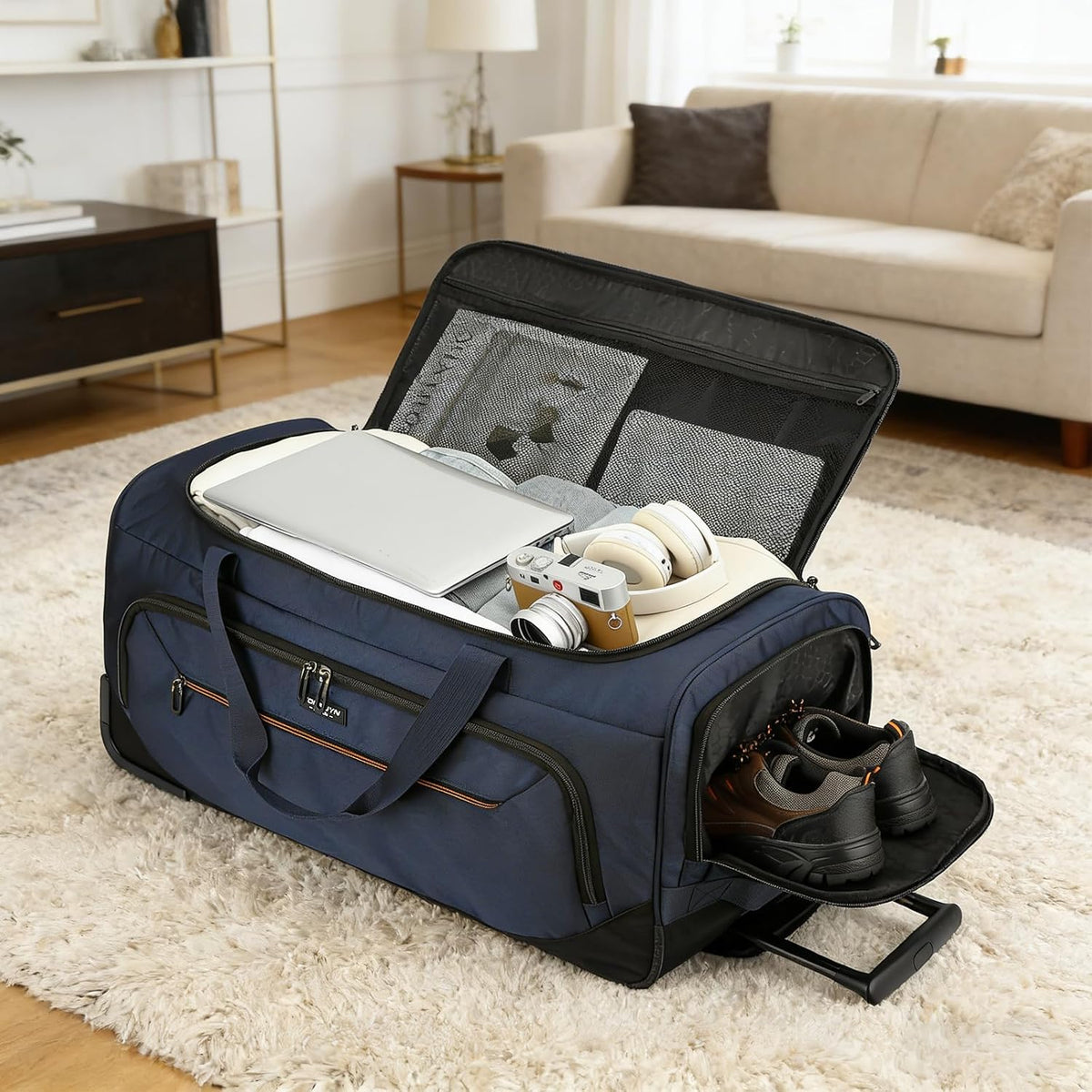 Large Rolling Duffle Bag with Wheels and Handle 85L 29 inch Travel Duffel Bag for Men Women with Shoe Compartment & Wet Pocket, 2 Wheeled Checked Luggage for Business Travel Long Trips, Blue