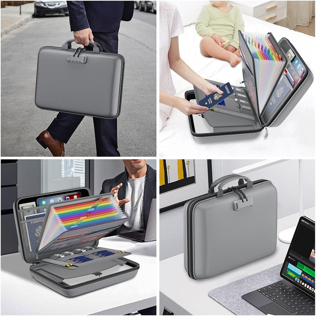 DocSafe Fireproof File Organizer with Lock, Hard-Shell Case Fireproof Document Box with 13 Pocket Accordion File Folder, Portable Home Office Travel Safe Storage for Important Documents Laptop Gray