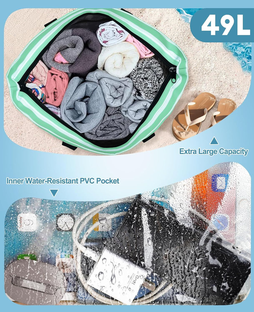 ISEYOU Beach Bag with Cooler, 49L Large Waterproof Sandproof Tote with Zipper, Foldable Travel Bag for Beach, Pool, Picnic