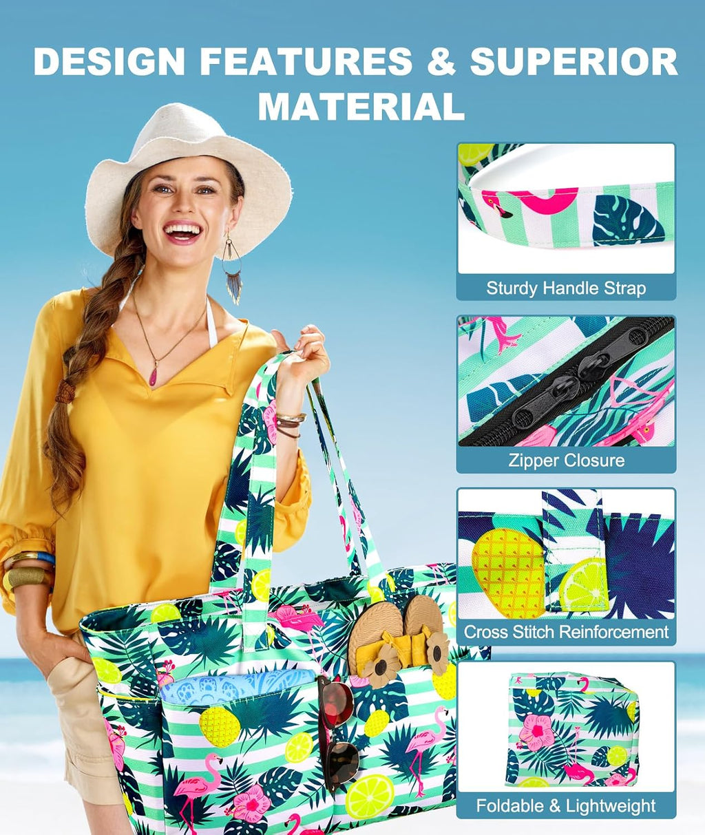 ISEYOU Extra Large Beach Bag Waterproof Beach Totes Bags for Women, Lightweight Foldable Pool Bag with Zipper Wet Compartment