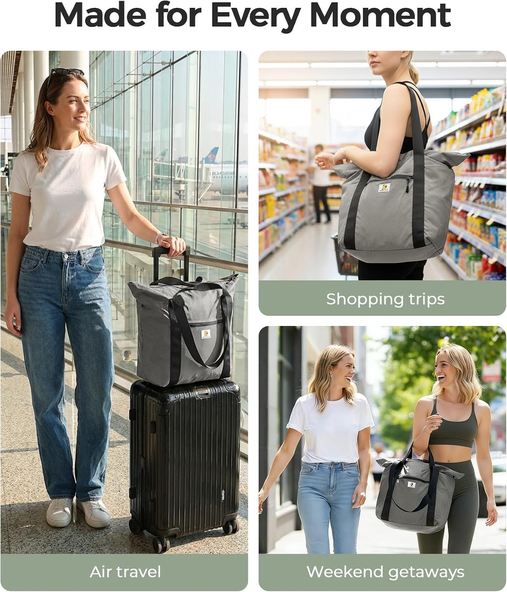Foldable Travel Bag, 26L Lightweight Weekender Duffel, Expandable Second Carry-On Bag for Travel & Shopping, Water-Resistant Personal Item Bag, Gray